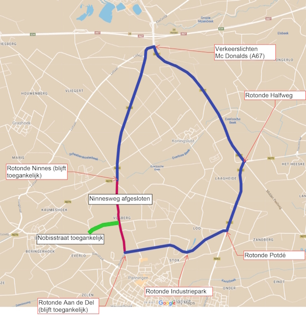 Omleiding doorgaand verkeer Ninnesweg en Nobisstraat Panningen